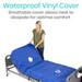 A person smiles while fitting a waterproof blue vinyl cover on the Vive Health 5 Alternating Pressure Pad, a pressure relief mattress. The breathable cover dissipates heat for comfort, and the bed with adjustable air chambers is partially elevated to allow adjustable firmness.