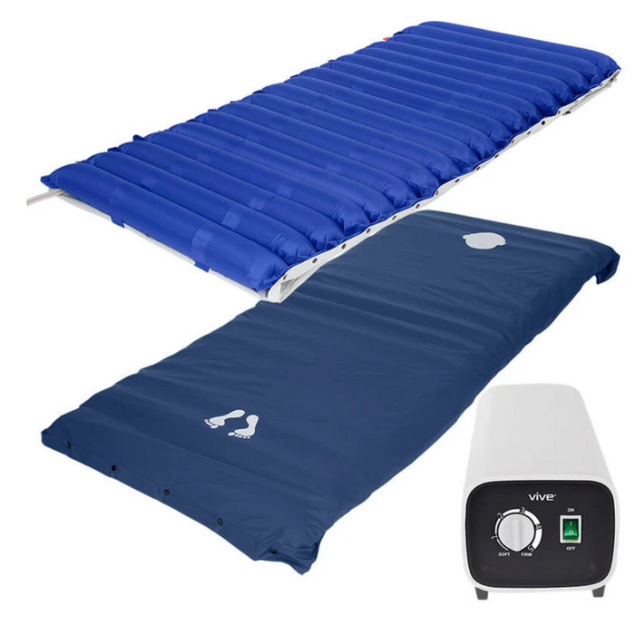 The image shows the Vive Health 5 Alternating Pressure Pad—Bedsore Prevention, a blue inflatable mattress with alternating air chambers and air cells. It has non-slip material, and the included pump device is labeled Vive with an adjustable firmness power switch.