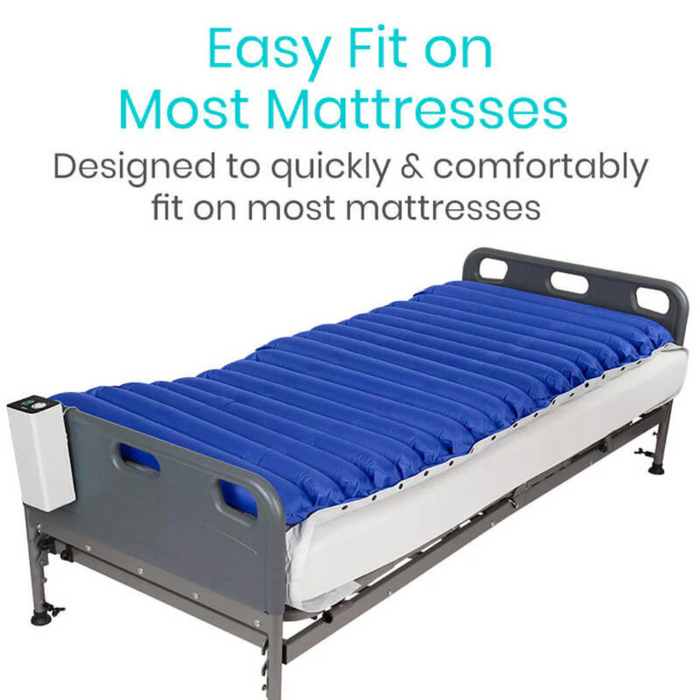 The Vive Health 5 Alternating Pressure Pad is a hospital bed featuring a blue inflatable mattress overlay with adjustable firmness. Its designed to quickly and comfortably fit most mattresses, with a gray frame including side handles for excellent pressure relief.