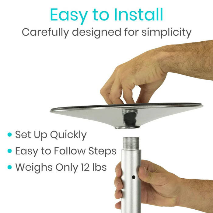 Hands installing a shiny circular object onto a pole. Text reads: Vive Health Floor to Ceiling Grab Bar - Easy to install and designed for simplicity with durable construction. Set up quickly with easy-to-follow steps, weighs just 12 lbs.