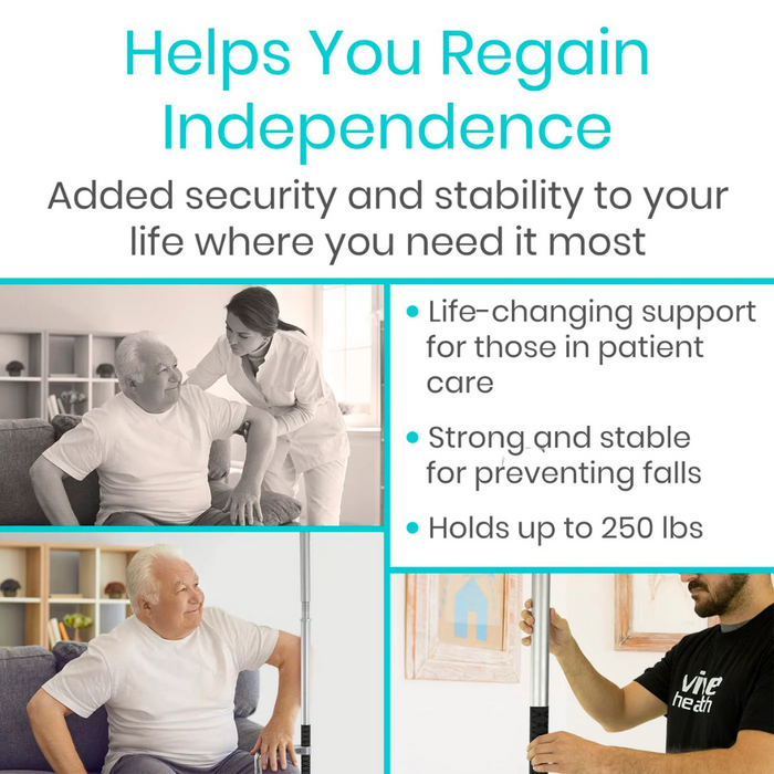 An ad showcases the Vive Health Floor to Ceiling Grab Bar, emphasizing its role in stability and fall prevention. Images display seniors using the pole for assistance. Text highlights: Helps You Regain Independence, supports up to 250 lbs, adjustable support, and durable construction offering life-changing stability.