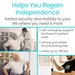 An ad showcases the Vive Health Floor to Ceiling Grab Bar, emphasizing its role in stability and fall prevention. Images display seniors using the pole for assistance. Text highlights: Helps You Regain Independence, supports up to 250 lbs, adjustable support, and durable construction offering life-changing stability.