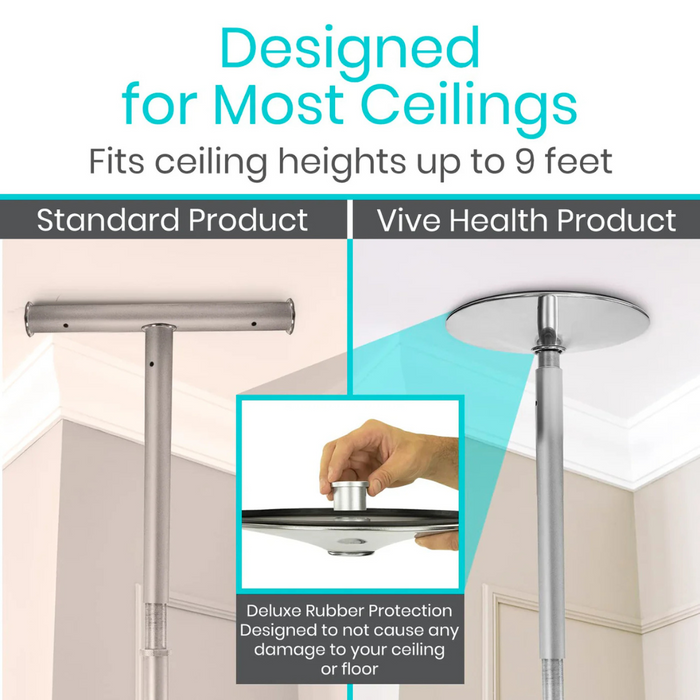 A comparison image shows two ceiling grab bars: a standard T-shaped bar on the left and the Vive Health Floor to Ceiling Grab Bar with a circular end on the right. Both fit ceilings up to 9 feet. A hand adjusts the Vive Health bars top, highlighting its durable construction and adjustable support.