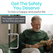 A gray-haired man sits smiling on a couch, reading a book. Beside him is the Vive Health Floor to Ceiling Grab Bar - Fall Prevention & Standing Aid, offering the support you need for a happy and joyful life. Get The Safety You Deserve.