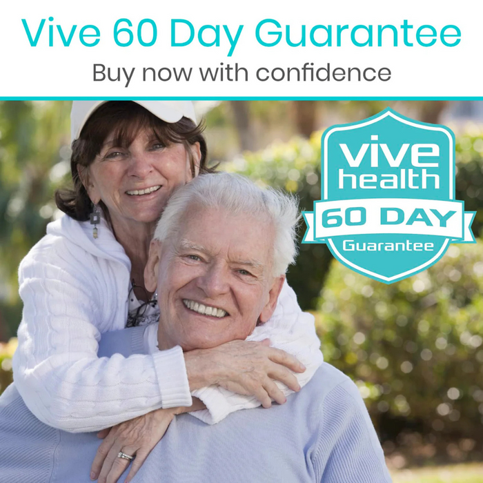 An elderly couple embraces outdoors in a sunny garden, smiling with joy as they benefit from the Vive Health Floor to Ceiling Grab Bar. The text overlay and shield logo display Vive Health 60 Day Guarantee, reflecting confidence in the adjustable support offered by Vive.