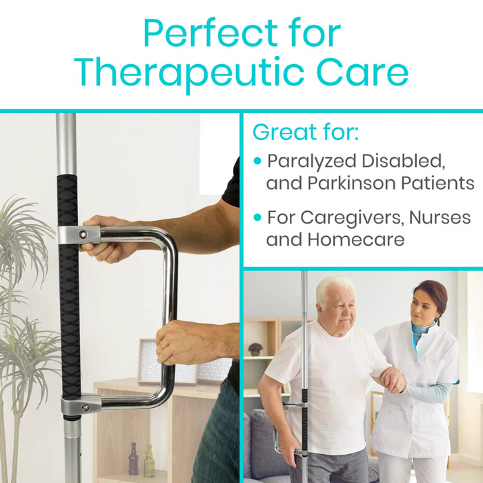 The Vive Health Floor to Ceiling Grab Bar aids an elderly man in standing, perfect for therapeutic care with a non-slip grip advantageous for paralyzed, disabled, and Parkinsons patients. Its ideal for caregivers, nurses, and homecare settings.