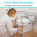 Someone wearing a robe installs the Vive Health Toilet Safety Frame with Suction Grip Feet, featuring tool-free assembly and non-slip handrails next to a white toilet. The image emphasizes its easy assembly with a simple-step manual.