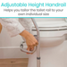 Wearing a fluffy, light-colored robe, a person adjusts the Vive Health Toilet Safety Frame with Suction Grip Feet in silver next to a toilet. Highlighted text describes its adjustable height feature for personalized use and easy tool-free installation.