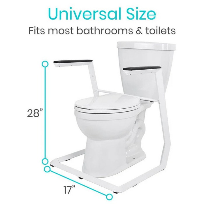 The image depicts the Vive Health Stand Alone Rail, a modern toilet support frame with padded armrests for stable assistance. Made of durable steel, it measures 28 inches high and 17 inches wide. The top text reads, Universal Size: Fits most bathrooms & toilets.