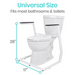 The image depicts the Vive Health Stand Alone Rail, a modern toilet support frame with padded armrests for stable assistance. Made of durable steel, it measures 28 inches high and 17 inches wide. The top text reads, Universal Size: Fits most bathrooms & toilets.