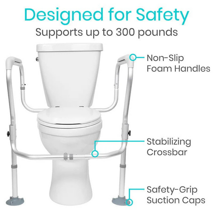 The Vive Health Toilet Safety Frame with Suction Grip Feet offers tool-free installation, non-slip handrails, a stabilizing crossbar, and safety-grip suction caps. This sturdy design supports up to 300 pounds for enhanced safety and convenience.