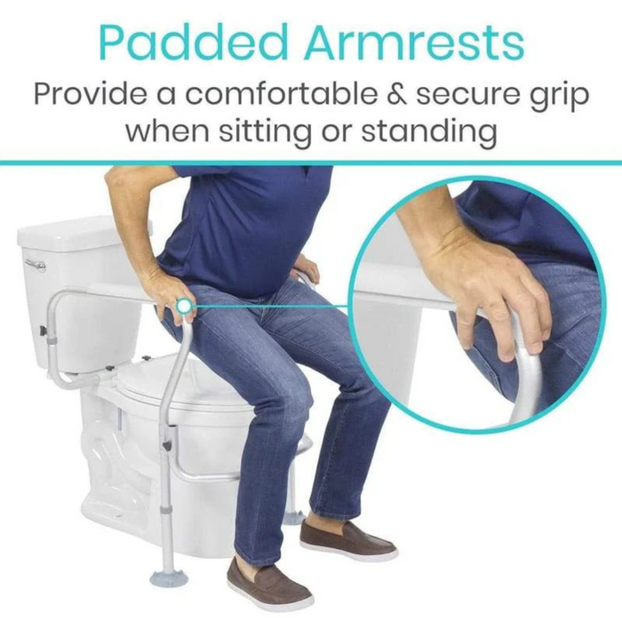 A person is using the Vive Health Toilet Safety Frame with Suction Grip Feet. Its padded armrests offer a comfortable and secure grip, as shown in a close-up of a hand holding the non-slip handrails, demonstrating its reliable design for assistance with sitting and standing.