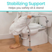 A person in a white robe uses the Vive Health Toilet Safety Frame with Suction Grip Feet, attached to the floor next to the toilet, for comfortable sitting. The light wood floor complements the design, and the image text reads, Stabilizing Support Helps you safely sit & stand.