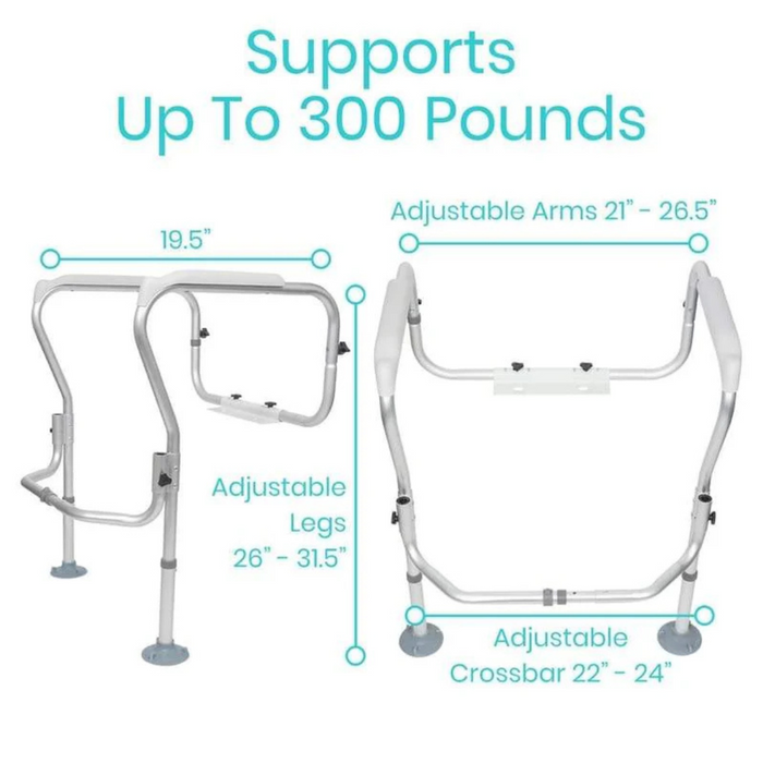 The Vive Health Toilet Safety Frame features silver, adjustable, non-slip handrails; arm measurements of 21”-26.5”, legs 26”-31.5”, and a crossbar of 22”-24”. Supporting up to 300 lbs, it offers stability grips and non-slip feet for tool-free installation.