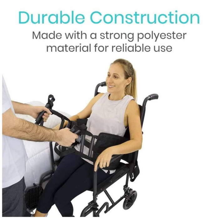 A woman sits in the Vive Health Transfer Sling, a compact aid with padded handles and arm supports. A nearby person adjusts it. Text above reads: Durable Construction. Made from strong polyester for reliable use.