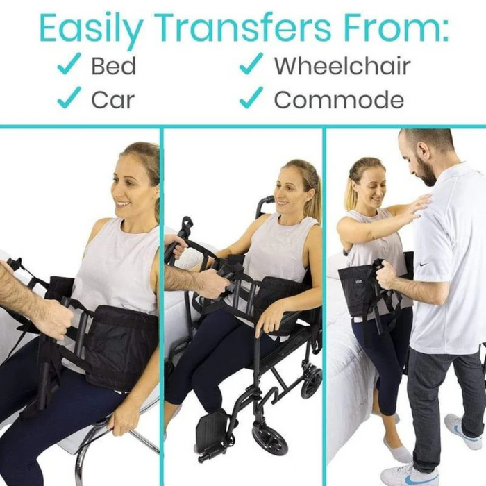 A man assists a woman using the Vive Health Transfer Sling, a versatile standing and transfer aid with padded handles, to smoothly move her from a wheelchair to a bed, showcasing its ease of use for transfers from beds, cars, wheelchairs, and commodes.