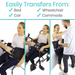 A man assists a woman using the Vive Health Transfer Sling, a versatile standing and transfer aid with padded handles, to smoothly move her from a wheelchair to a bed, showcasing its ease of use for transfers from beds, cars, wheelchairs, and commodes.