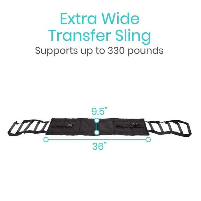 The image depicts the Vive Health Transfer Sling, a black sling sized at 9.5 inches wide and 36 inches long. It supports up to 330 pounds and features padded handles on both ends for secure gripping and ease of use.