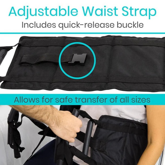 The Vive Health Transfer Sling features an adjustable waist strap with a quick-release buckle and padded handles for better grip. Its a versatile aid that ensures comfortable and secure transfers for users of various sizes.