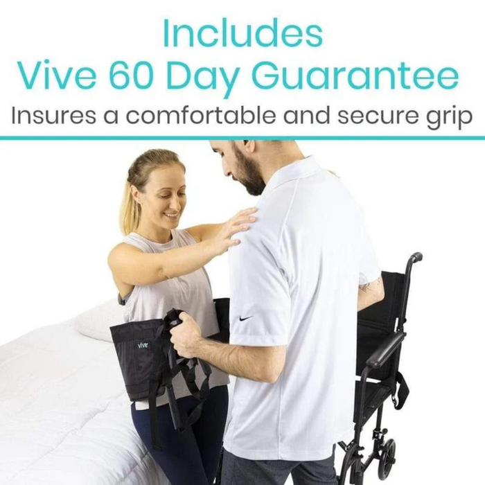 A woman assists a man using the Vive Health Transfer Sling next to a wheelchair, ensuring a safe transfer for individuals with limited mobility. The text at the top highlights a Vive 60 Day Guarantee and promotes a comfortable, secure grip.