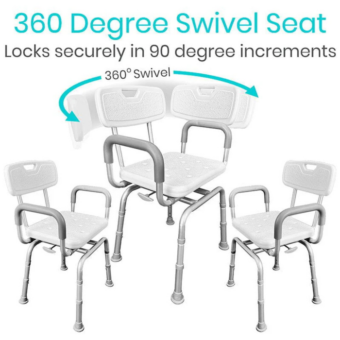 Image of the Vive Health Swivel Shower Chair in white, featuring a 360-degree rotating seat with armrests and adjustable height. The chair offers a non-slip grip and locks securely at 90-degree increments for added safety.