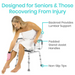 A woman in a towel sits on the Vive Health Swivel Shower Chair, highlighting its backrest, padded handles, non-slip tips, and adjustable height. The chair is designed for seniors and those recovering from injuries. Text above reads Rotates 90° For Easy Transition.