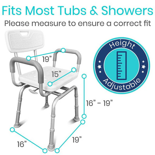 Image of the Vive Health Swivel Shower Chair, 90° rotation for easy transition, adjustable height (16-19). Fits most tubs and showers with a 19 wide x 15 deep seat. Non-slip grip ensures safety. Ensure accurate measurement for fit.