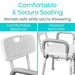 Image of the Vive Health Swivel Shower Chair features include a comfortable backrest on the left, padded armrests and adjustable height on the right. Text above: Comfortable & Secure Seating. Stay safe with a non-slip grip while showering. Rotates 90° for easy transition.