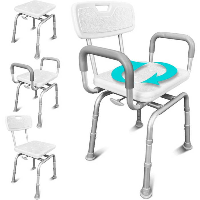 The Vive Health Swivel Shower Chair, with a white seat and arrow graphic for rotation, has adjustable aluminum legs, armrests, and a non-slip grip. The chair’s thoughtful design is highlighted from multiple angles and boasts a 90° rotation for easy transitions.