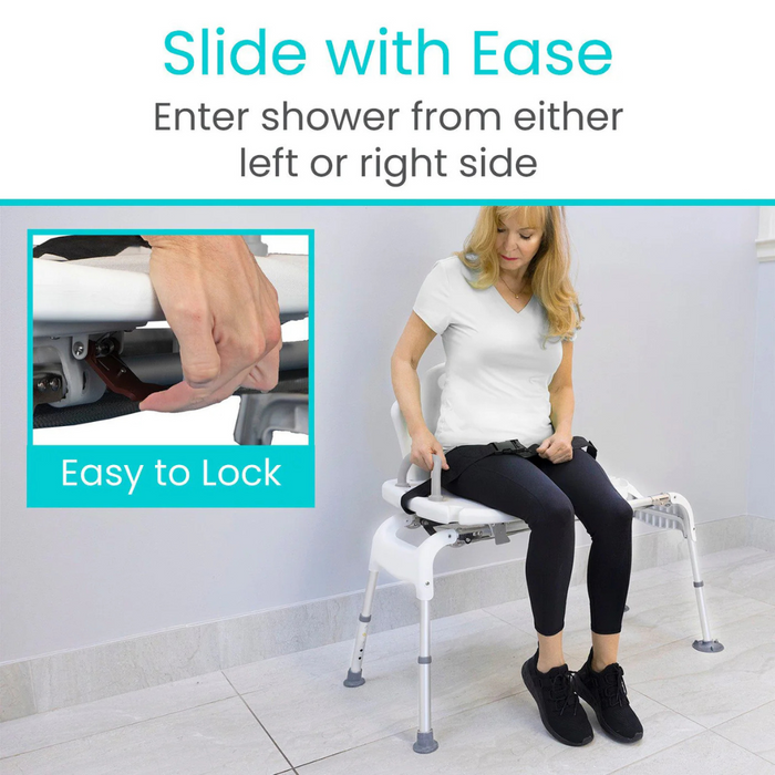 A woman sits on a Vive Health Sliding Bathtub Transfer Bench, showcasing its smooth functionality. Close-up of hand locking the rust-resistant aluminum. Text: Slide with Ease, Enter shower from either left or right side and Easy to Lock.