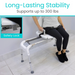 Seated on the Vive Health Sliding Bathtub Transfer Bench, a person in black pants and shoes is in the bathroom. The white chair made of rust-resistant aluminum supports up to 300 lbs, features a safety lock, and includes a strap for extra security.