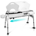 The Vive Health Sliding Bathtub Transfer Bench is a white aluminum shower chair with an ergonomic backrest and handle. It features adjustable height legs, suction feet, seat belt, cup holder, and an arrow indicating the sliding mechanism for seamless assistance.