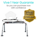 A white sliding shower chair, crafted from rust-resistant aluminum with four height-adjustable legs, is shown. Above it reads Vive Health 1 Year Guarantee for confident purchase. A gold badge affirms Vive Health 1 Year Guarantee. Product: Vive Health Sliding Bathtub Transfer Bench.