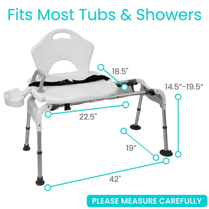 The Vive Health Sliding Bathtub Transfer Bench features adjustable height and backrest, rust-resistant aluminum, seat dimensions of 19 H x 22.5 W x 18.5 D, a total width of 42, side handle, safety belt, and Fits Most Tubs & Showers—Please Measure Carefully.