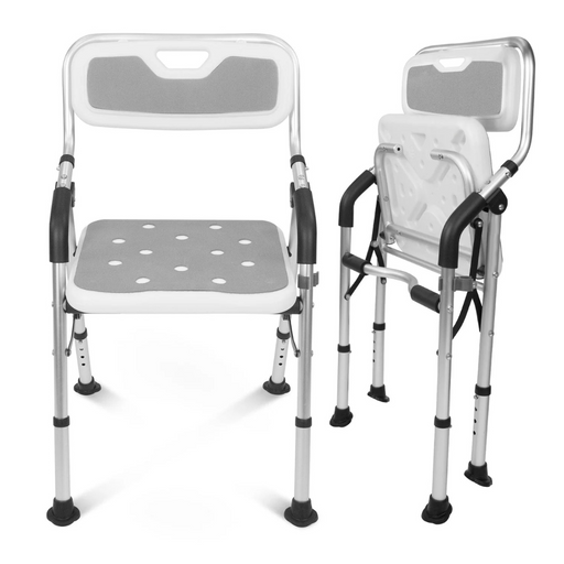 Two views of the Vive Health Folding Portable Shower Chair: one fully assembled, showing a white seat with drainage holes on an aluminum frame, and the other partially folded. Both chairs have armrests, backrests, adjustable legs, and rubber tips for stability.