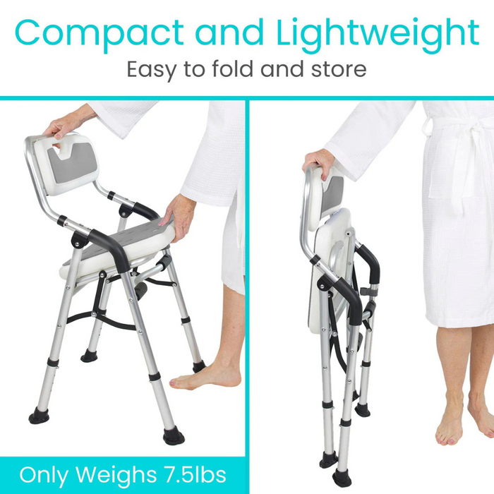 A person in a white robe folds the Vive Health Folding Portable Shower Chair, highlighting its compact design. With a silver frame, gray accents, supportive backrest, and aluminum build, this 7.5 lbs chair is perfect for easy storage and portability.