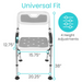 The Vive Health Folding Portable Shower Chair features a white and gray design with a sturdy aluminum frame, four height options, circular holes in the backrest and seat, a backrest height of 12.75, seat width of 15.75, total height of 38, leg width of 20.25, and universal fit.