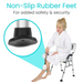 Wearing a white robe, a person uses a brush to clean their foot while seated on the Vive Health Folding Portable Shower Chair, which features an aluminum frame and non-slip rubber feet. An inset image showcases its safety and security features.