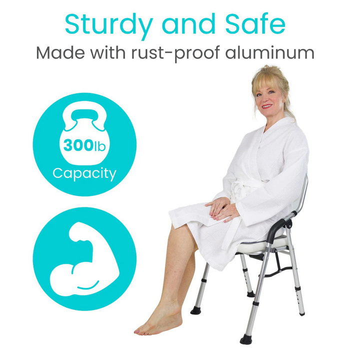 A woman in a white robe sits on a Vive Health Folding Portable Shower Chair, featuring a rust-proof aluminum frame and foldable design. The chair supports up to 300 pounds, highlighting its strength and durability. Text above reads Sturdy and Safe.