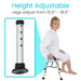 A smiling person in a white robe sits on the Vive Health Folding Portable Shower Chair. A close-up of its durable aluminum frame highlights the adjustable height feature, which ranges from 15.5 to 18.5 inches.