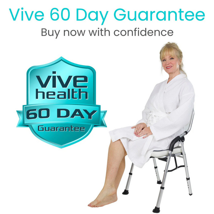 A woman in a white robe sits on the Vive Health Folding Portable Shower Chair, smiling. Text says, Vive 60 Day Guarantee. Buy now with confidence. To the left, a blue badge reads Vive Health 60 Day Guarantee, emphasizing its durable aluminum frame and foldable design.