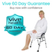 A woman in a white robe sits on the Vive Health Folding Portable Shower Chair, smiling. Text says, Vive 60 Day Guarantee. Buy now with confidence. To the left, a blue badge reads Vive Health 60 Day Guarantee, emphasizing its durable aluminum frame and foldable design.