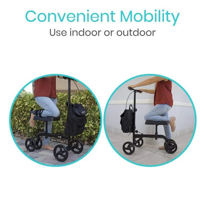 Two images depict the Vive Health Folding Portable Knee Walker. The left shows outdoor use on a path, the right inside on tiles. A person uses the padded seat with a black bag attached. Text reads, Convenient Mobility.