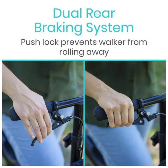 Two images depict hands on the handlebar of the Vive Health Folding Portable Knee Walker, demonstrating its dual rear braking system. One hand secures the lightweight and foldable walker using a push lock to stop it from rolling. Text above reads, Dual Rear Braking System.