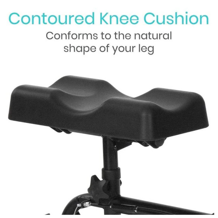 A black contoured knee cushion with leg-shaped indentations on a support stand, ideal for the Vive Health Folding Portable Knee Walker. Text above reads, Contoured Knee Cushion: Conforms to the natural shape of your leg.