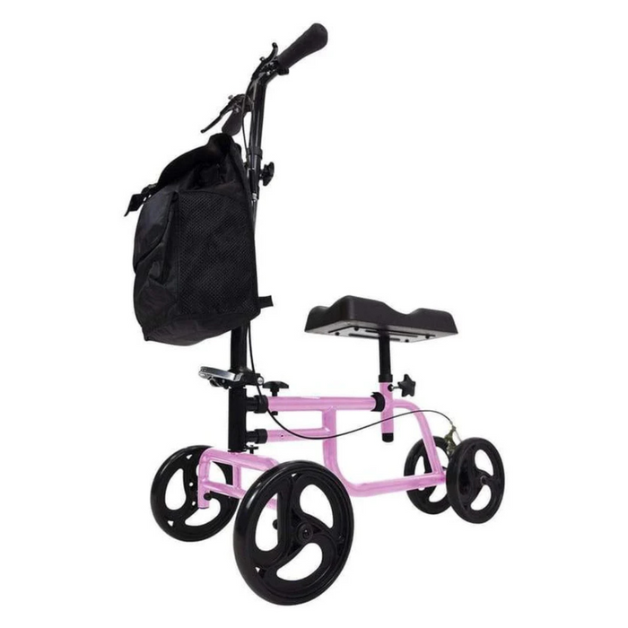 Meet the Vive Health Folding Portable Knee Walker: a pink, lightweight, and foldable mobility aid with all-terrain black wheels. It features a comfy black seat and handlebar, plus a handy black bag to help those with foot or leg injuries easily navigate different surfaces.