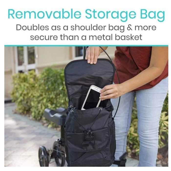 A black removable storage bag is attached to the Vive Health Folding Portable Knee Walker, allowing a person to place a tablet inside. This lightweight bag, more secure than metal baskets, can be used as a shoulder bag, offering versatile mobility solutions across various terrains.