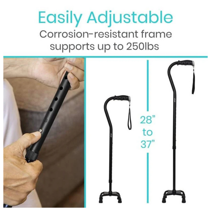 The image displays a person adjusting a Vive Health Quad Cane in black, featuring multiple height holes for sizes 28-37 inches. The adjustable quad cane offers a comfort grip handle, nonslip rubber tips, supports up to 250 lbs, and has a corrosion-resistant frame for ease of use.