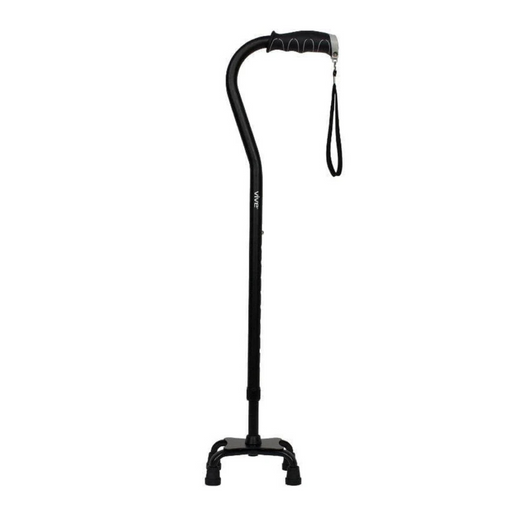 The Vive Health Quad Cane, black in color and lightweight, features a height-adjustable design with a comfort grip handle, wrist strap, and quad base for improved stability.