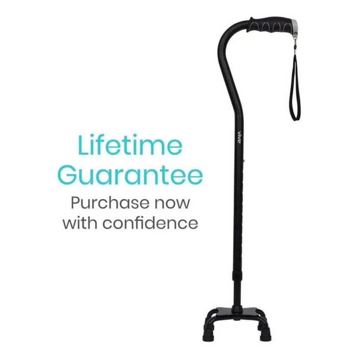 The Vive Health Quad Cane, black and lightweight with height adjustability, includes a comfort grip handle and wrist strap for enhanced stability. Text on the left reads, Lifetime Guarantee. Purchase now with confidence.